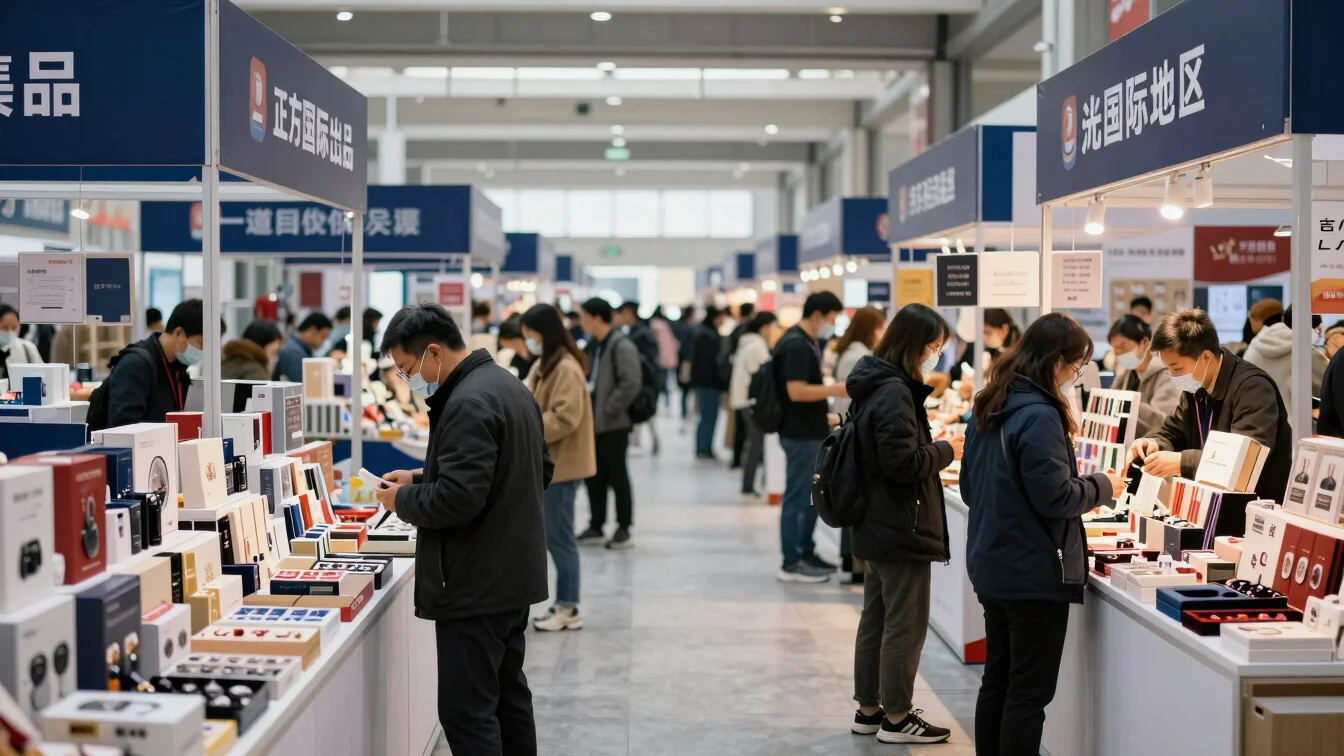 Wide shot of a bustling Yiwu International Trade Market, focus on