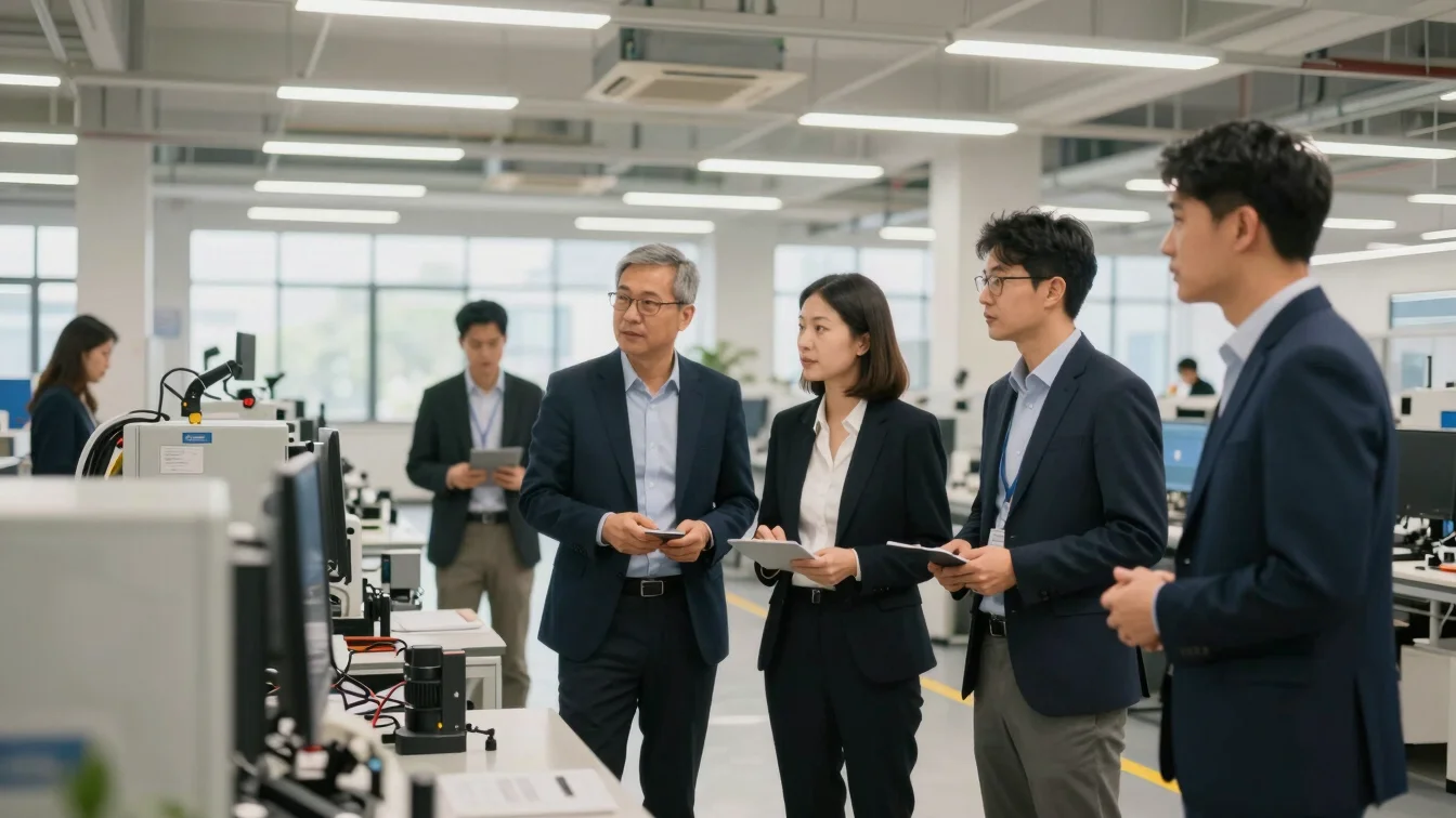 Medium shot of Sarah Liu leading a client team through a modern f
