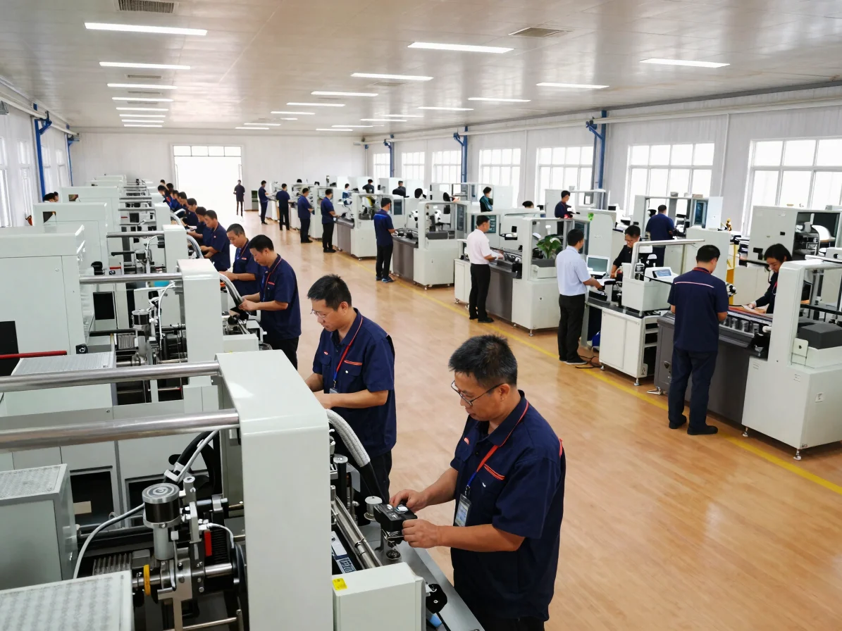 Wide panoramic shot of a modern, bustling factory floor in China,