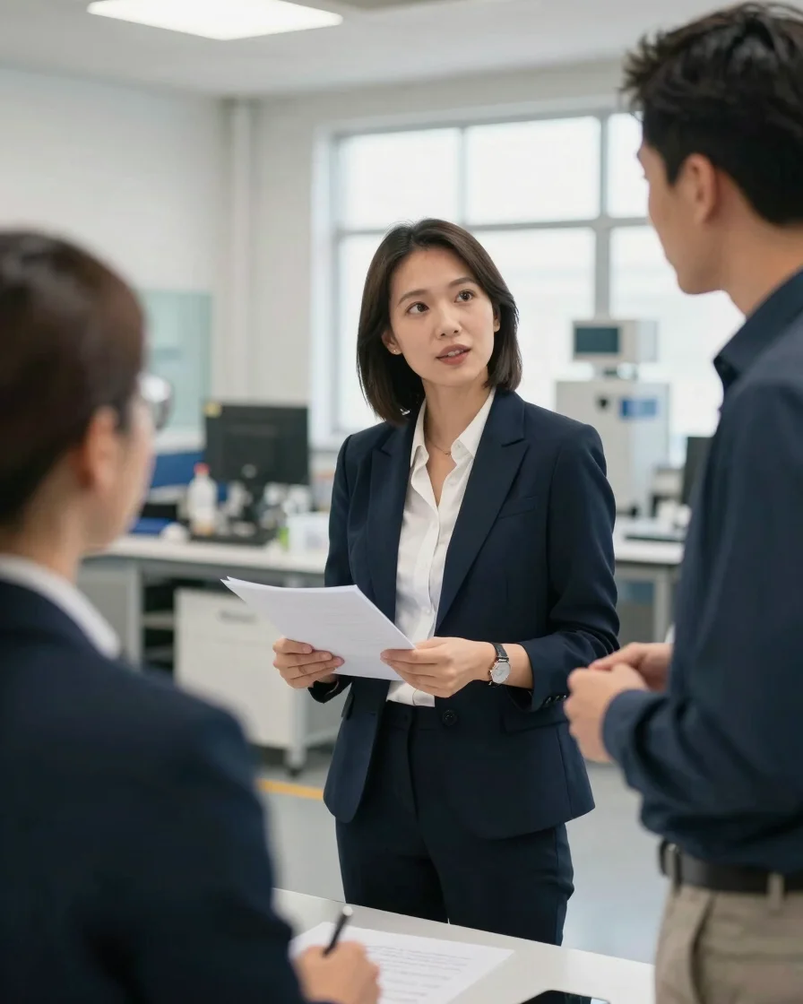 Medium shot of Sarah Liu, founder, in a clean factory setting, discussing production plans with a client and a factory m