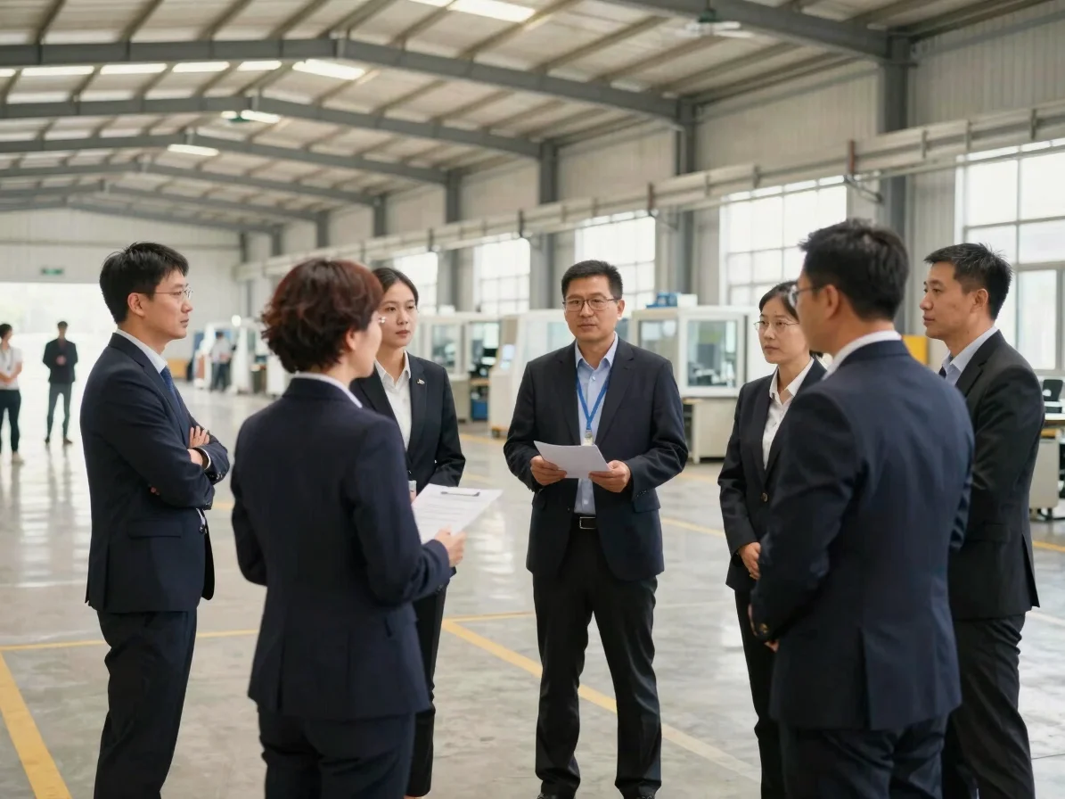 Wide shot of a modern factory floor in China with a diverse group