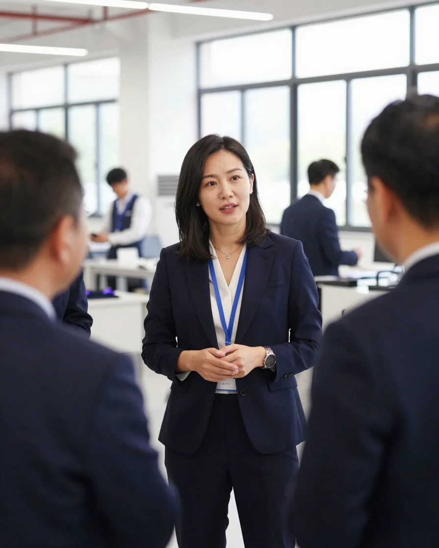 Medium shot of Sarah Liu, founder of ULUK Business, engaged in a strategic discussion with a client during a factory vis