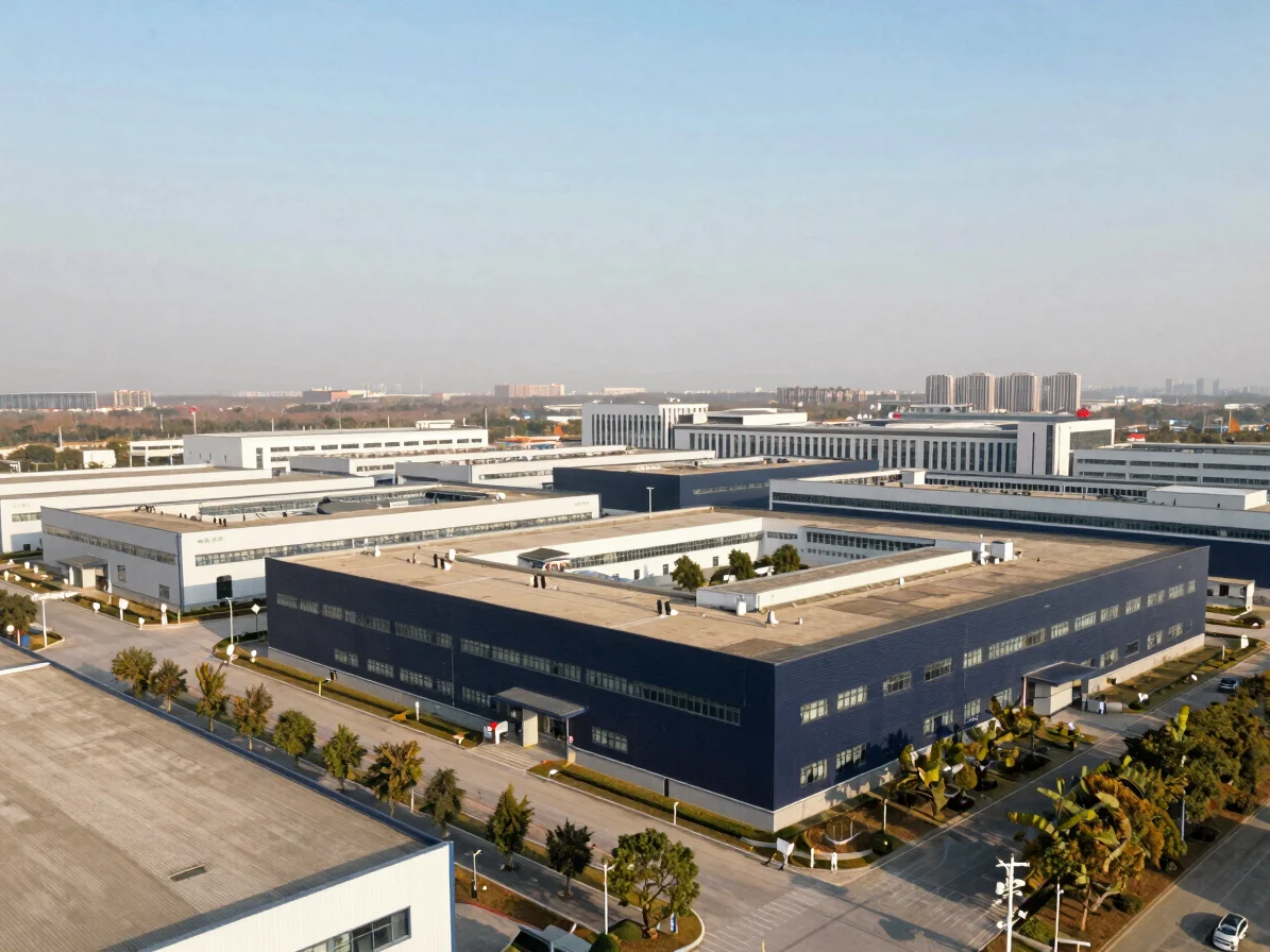 Wide shot of a bustling industrial park in China with modern fact